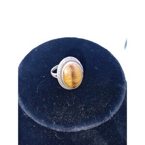 Men's Size 7 Silvertone Ring Retro Stone Looks Like Tiger Eye Stone